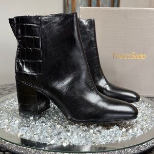 Franco Sarto Black Croc-Textured Leather Block Heel Ankle Boots NEW 8